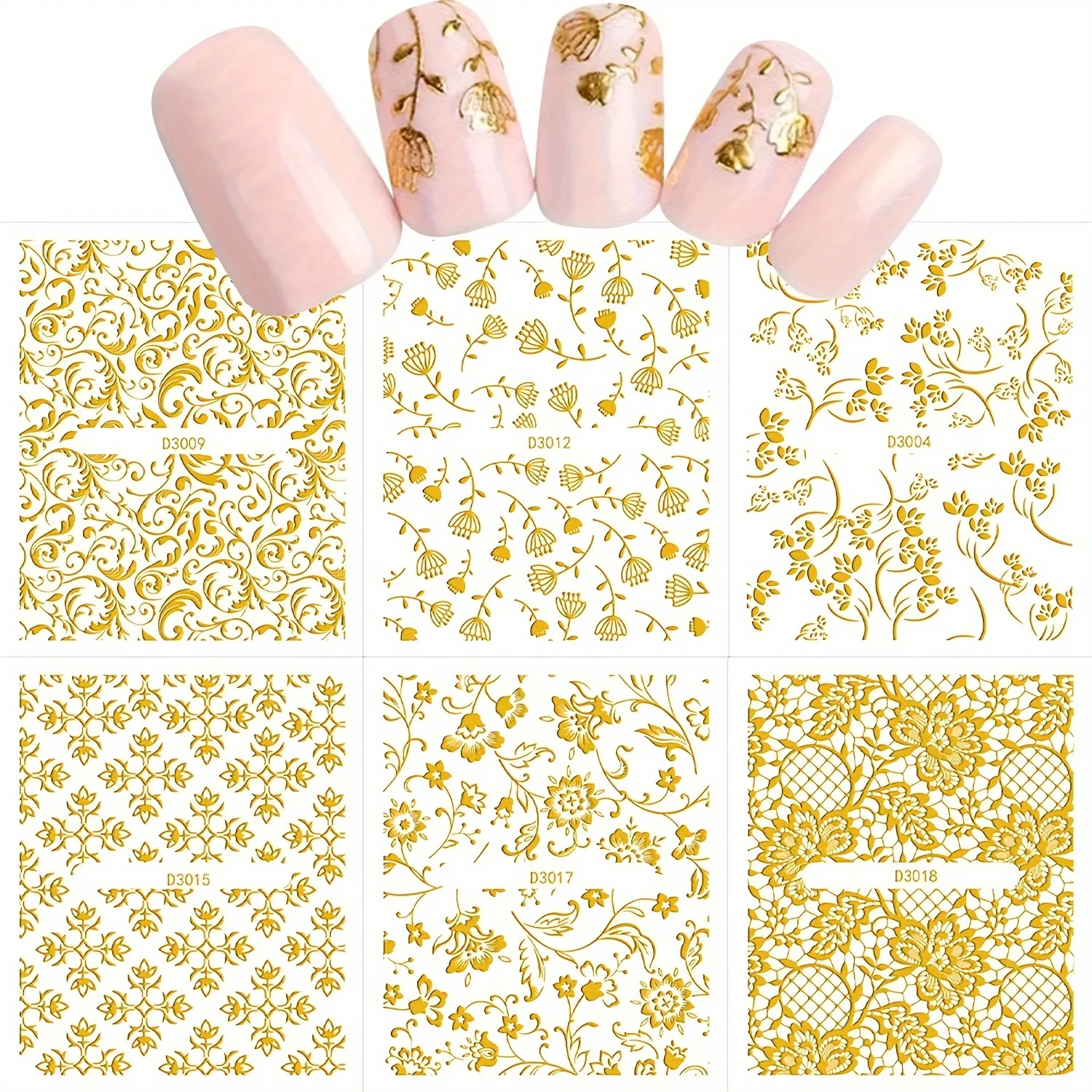 30 hojas de pegatinas doradas para decoración de uñas, elegantes diseños florales y de encaje, pegatinas autoadhesivas reutilizables 3D para decoración de uñas
