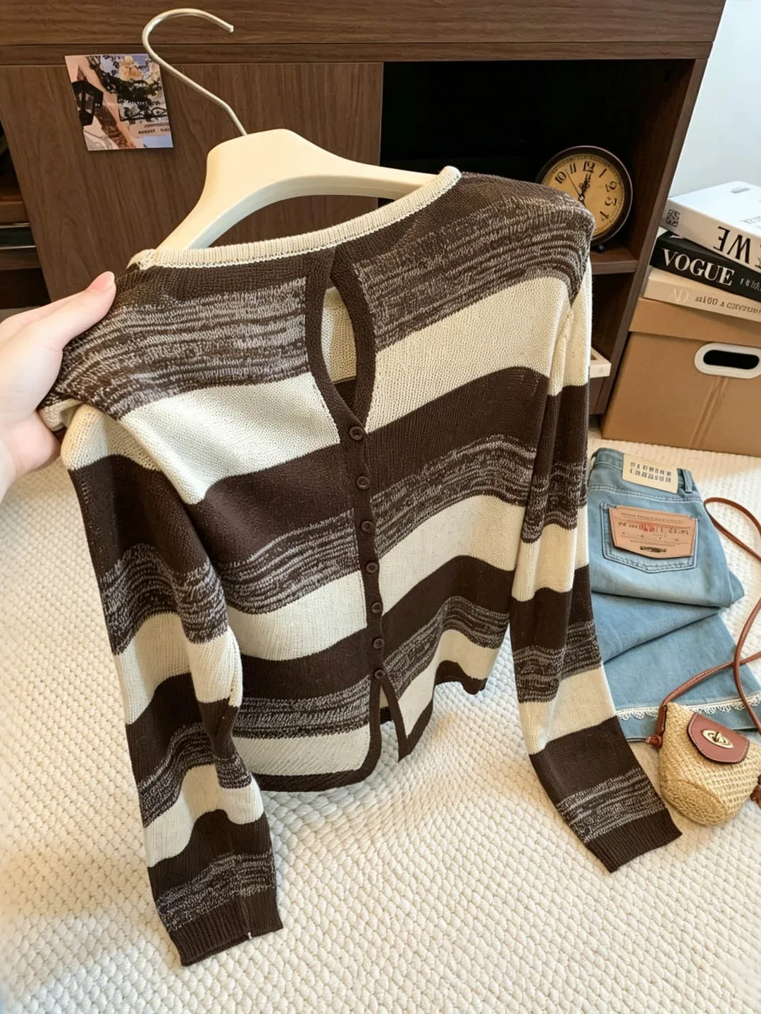 Retro Coffee Striped Hollow Back Long Sleeve Knitted Sweater Women's Early Autumn New Design Sense Top Comfortable Polyester