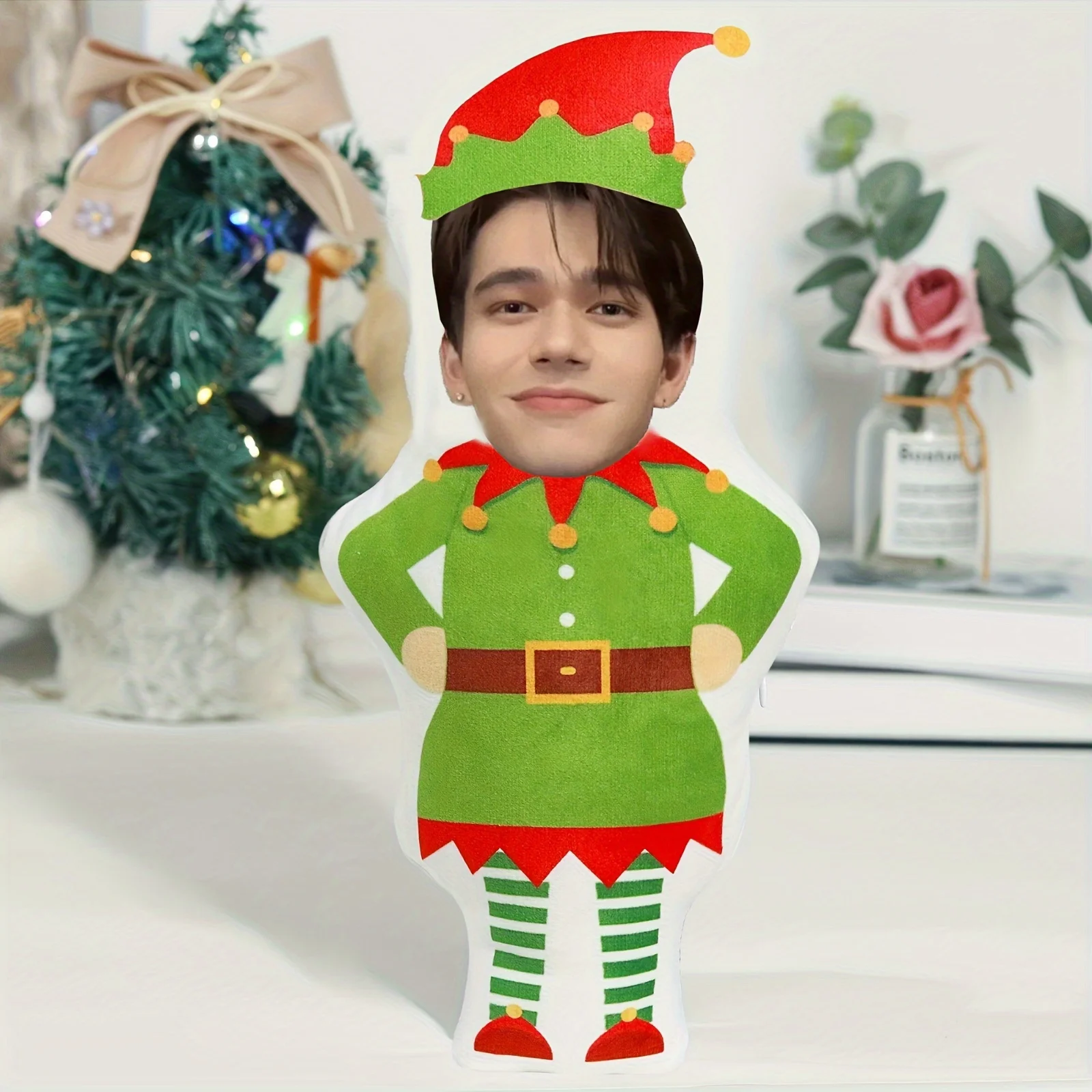 Customized Christmas Elf Pillow, Personalized Photo Customized Cuddle Pillow, Soft Fluffy Elf Pad, Holiday Green and Red