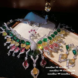 Luxury 925 Silver Jewelry Set Sparkling Zircon Elegant Multicolour Peacock Necklace Earring Women Wedding Banquet Jewelry Set