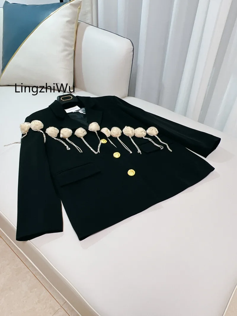 

LingzhiWu French Design Flower Diamond Tassel Casual Loose Elegant Top Quality Ladies Black Blazer Outerwear Black New Arrival