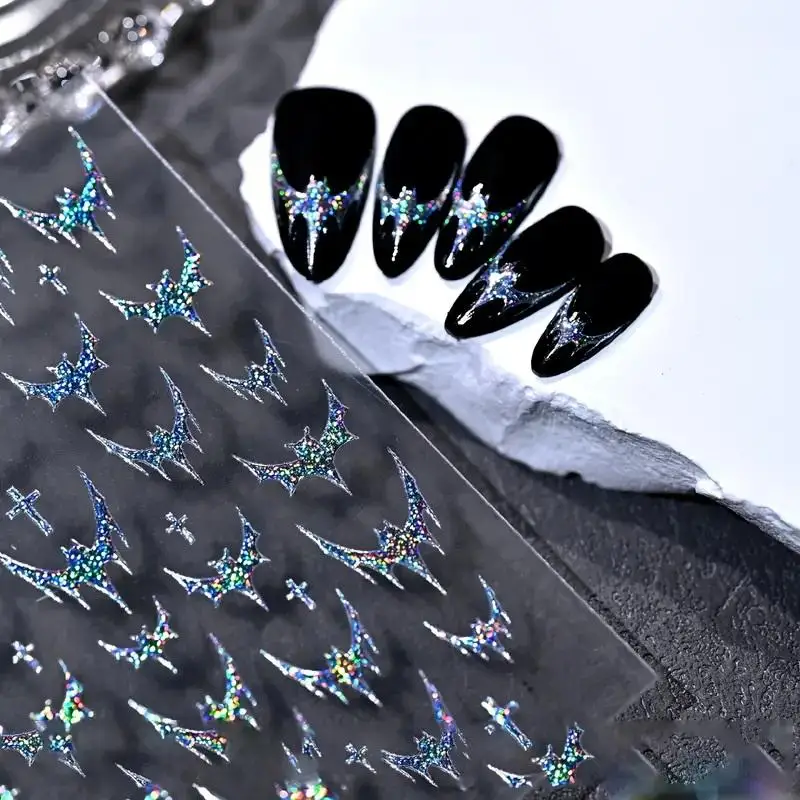 Dazzling Laser Gothic Style Halloween Dark Bat Cross Adhesive Nail Art Stickers Decals Manicure Shiny Red Silver Black Charms