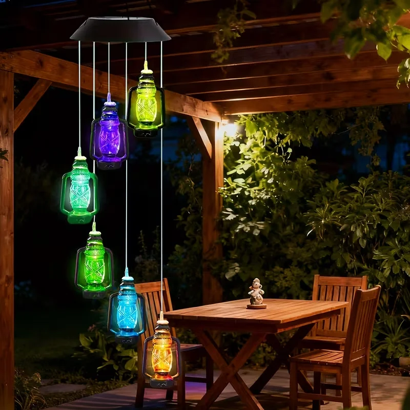 1PC Vintage Solar Powered Wind Chimes Lights Kerosene Bottle Lantern Suitable For Backyard Porch Holiday Family Gathering Decor