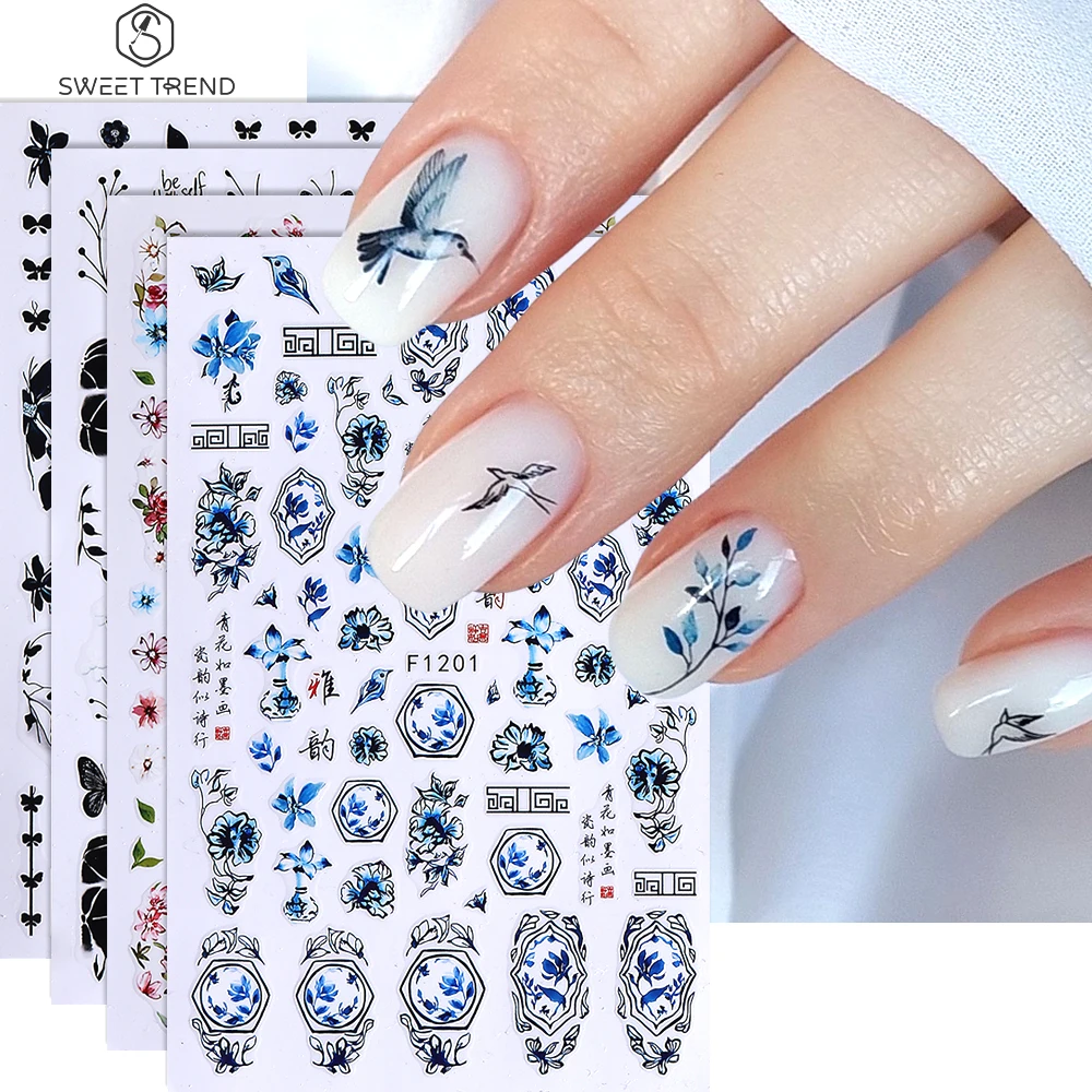 SWEET TREND-3 Stück blaue Blumenblätter-Nagelaufkleber, schwarze Tinte, Blumen- und Schmetterlings-Nagelaufkleber, Frühlings- und Sommer-Maniküre-Nagelzubehör