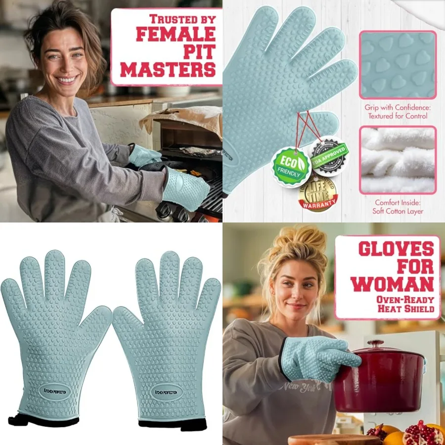 

XL Silicone Smoker Oven Gloves for Women -Extreme Heat Resistant BBQ Gloves -Handle Hot Food Right on Your Grill FryerPitWaterp