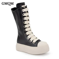 GMQM Women Knee High Boots Lace Up Zip High Heels Black Flat Platform Boots Round Toe Thick Sole Sneakers Outerwear Sport Shoes