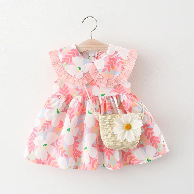 Girls Dress 2024 Summer New Small Fragmented Flower Dress Comes with Bag Baby Girl Princess Dress Cute Lovely