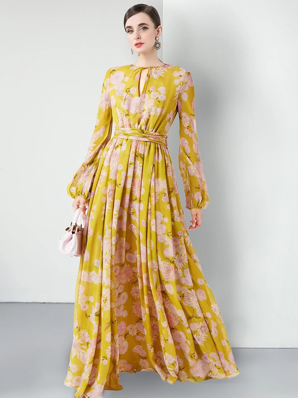 chinese dress ladies Mac Duggal Floral Print High Neck Cape Sleeve A-Line Gown, Size 18, Yellow Multi main image 1