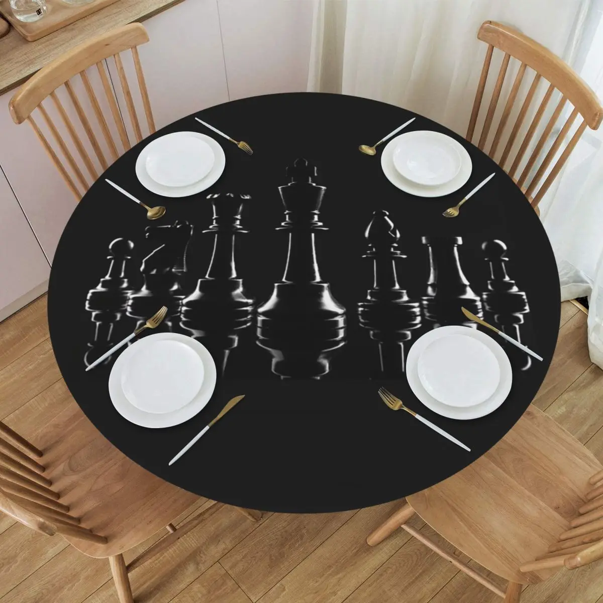 Black King Chess The-chessboard Waterproof Round Tablecloth Oilproof Table Cloth for Kitchen Events Dining Table Cover