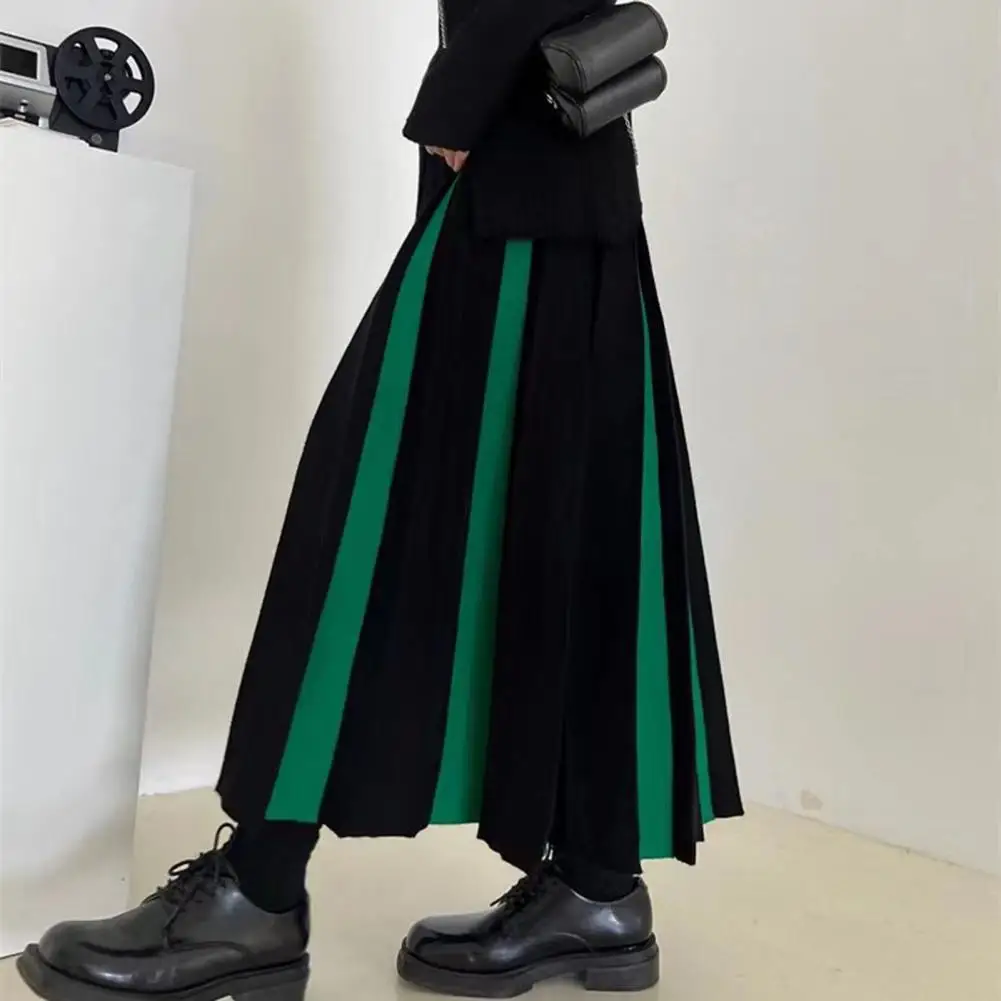 여성 플리츠 스커트 하이 웨이스트 미디 스커트 편안한 패치 워크 컬러 플리츠가있는 세련된 여성용 하이 웨이스트 미디 스커트