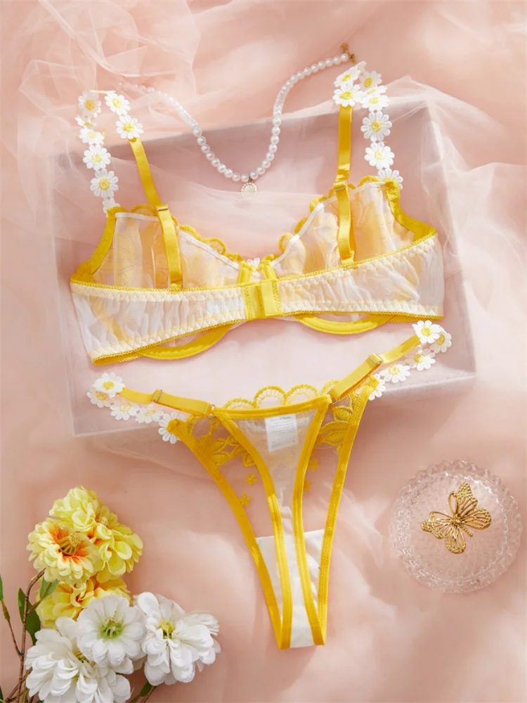 Zestaw Bielizny Fairy Sexy, Słodka Koronkowa Bielizna, Luksusowa Intymna Erotyczna Bielizna, Piękny Haft Kwiatowy Biustonosz i Majtki