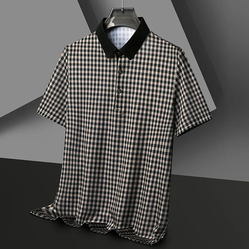 Men\'s Plaid Badge Short Sleeve POLO Shirt Casual Summer Top New Arrivals