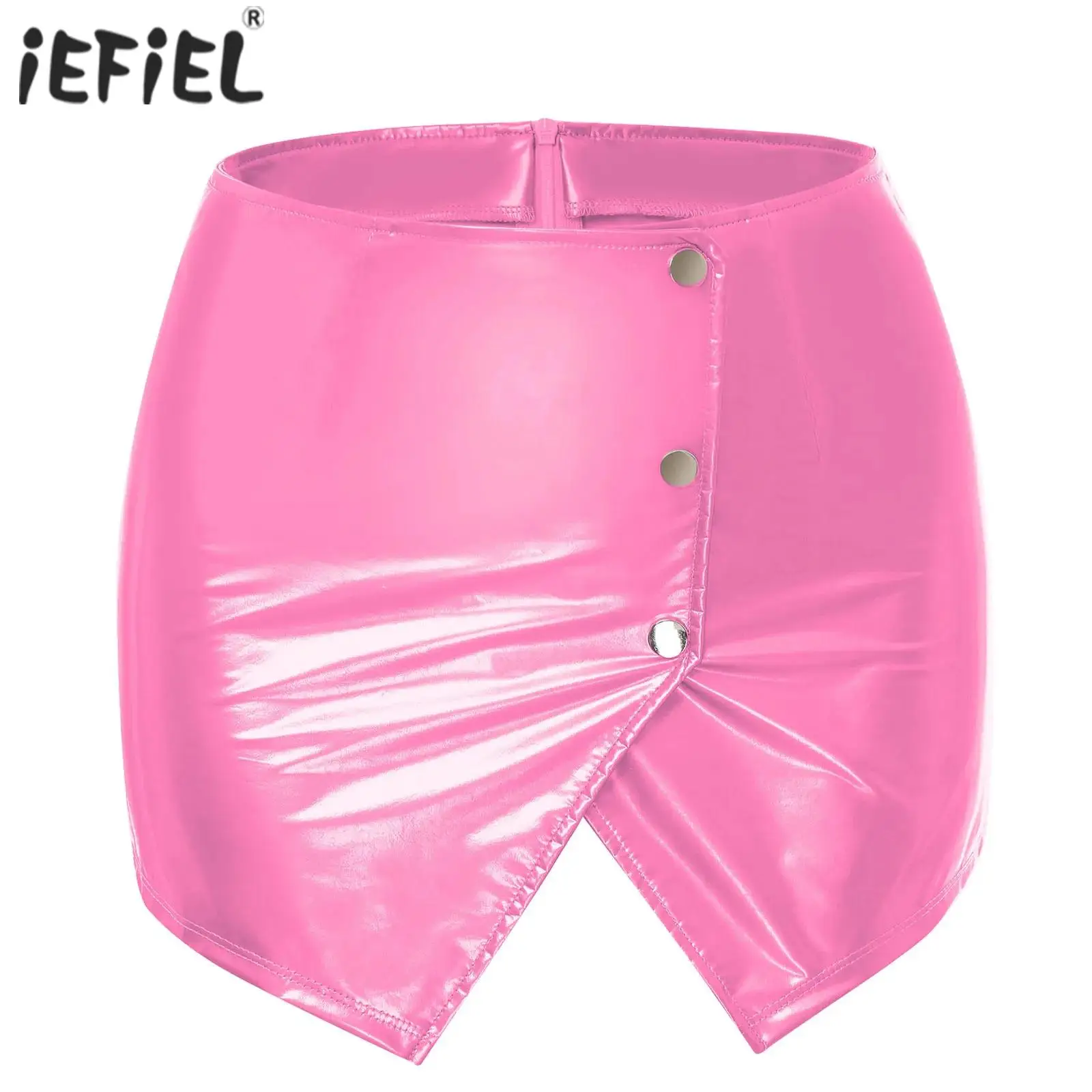 

Womens Metallic Sexy Front Split Latex Mini Skirt Shiny Short Skirt Bar Clubwear Holographic Buttons Back Zipper Club Skirts