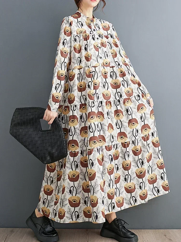 

XITAO Full Sleeve Stand Collar Print Dress Fashion Print Loose Casual All-match 2025 Spring Women New Pullover Dress DMJ2783