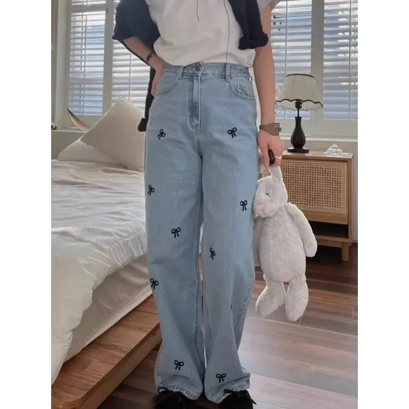 South korea Chic Spring  Design Sense Bow Embroidered High Waist Slimming Wide Leg Mopping Jeans Trousers Women