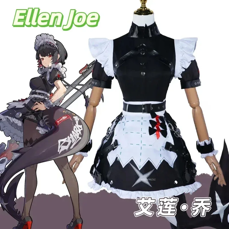 Ellen Joe-Disfraz de Cosplay Zenless Zone Zero, vestido de sirvienta, uniforme negro, accesorio de cola, conjunto completo, traje de fiesta de Halloween para mujer