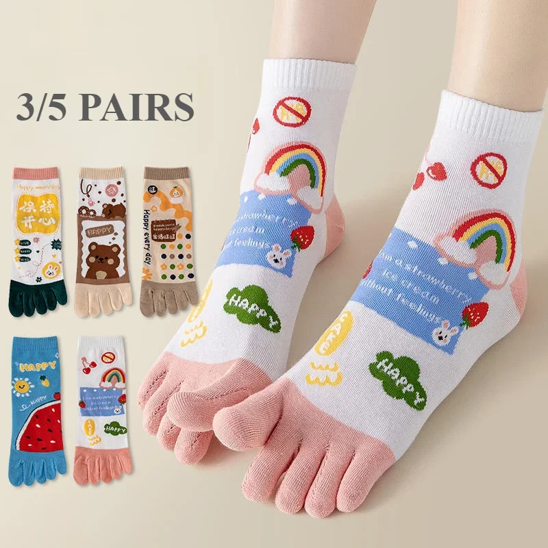 3/5 Pairs Kawaii Cute Women Toe Socks with Separate Fingers High Quality Cotton Five Finger Socks Cartoon Sports Ankle Socks