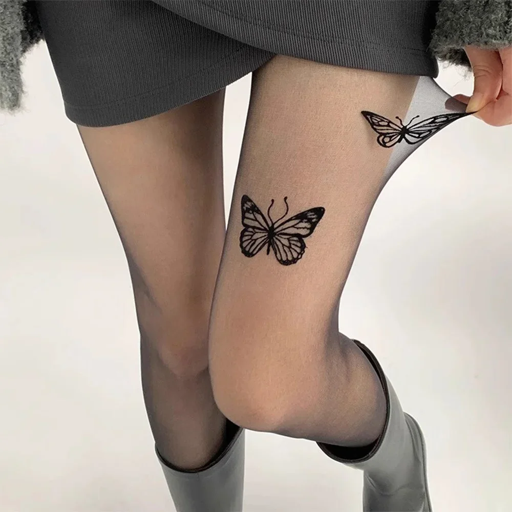 Frauen Ultradünne Strumpfhosen Sexy Vintage Y2K Fake Tattoo Schmetterling Schwarz Transparente Seidenstrumpfhose Mädchen Lolita Sommerstrümpfe Jk