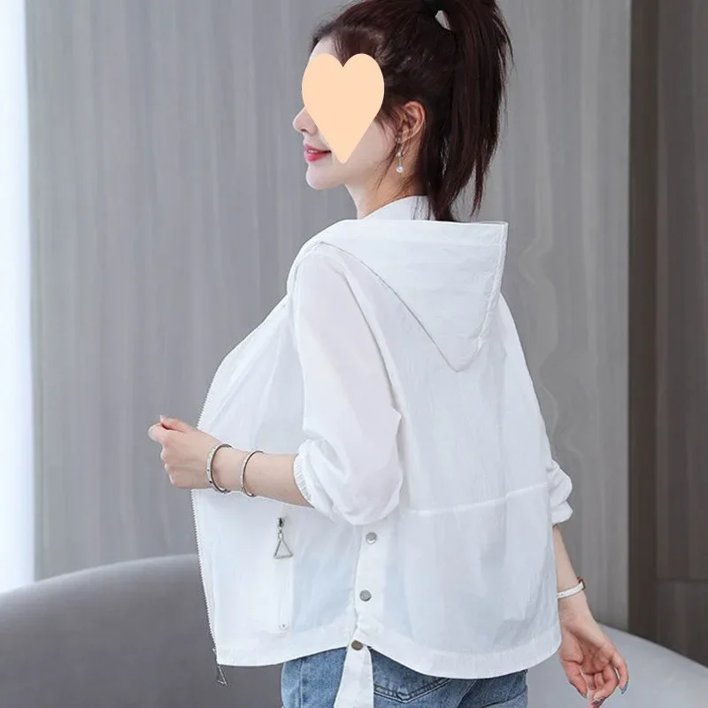 

Летняя уличная модная женская куртка, новинка 2025 года, свободное тонкое пальто, куртка на молнии с капюшоном, короткий солнцезащитный кардиган, верхняя одежда