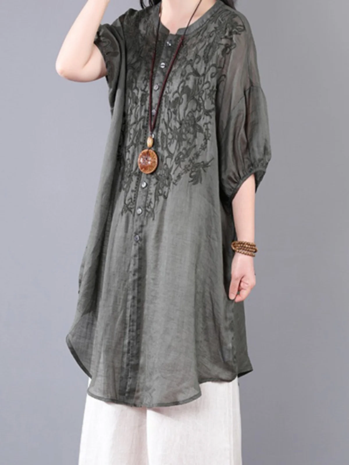 

Высококачественный кардиган в стиле ретро с тяжелой вышивкой, свободный длинный фонарь Све с воротником-стойкой, открытый кардиган, топ для женщин больших размеров