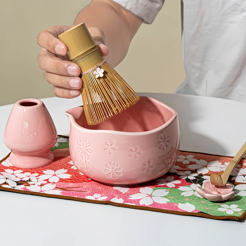 

7PC Japanese Style Matcha Set Ceramic Embossed Cherry Blossom Bowl with Spout Complete Tea Ceremony Tools Home Use