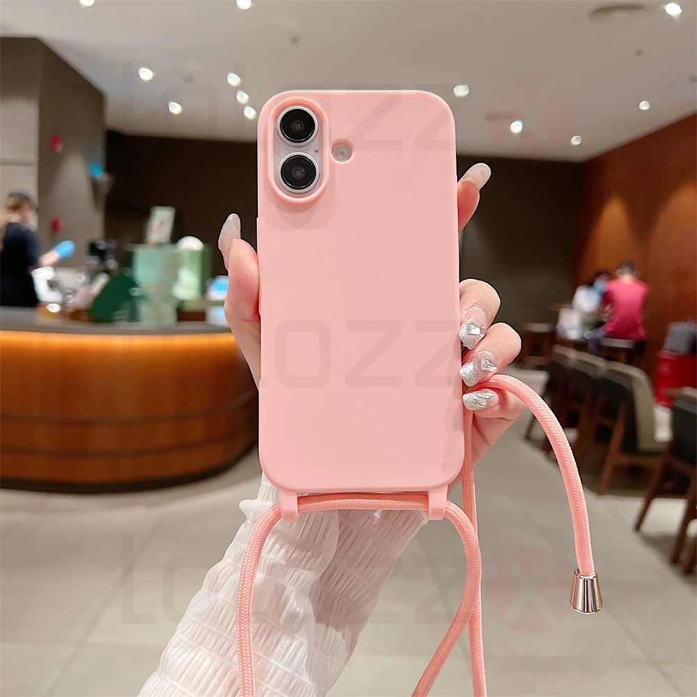 جراب هاتف Crossbody لهاتف iPhone ، سيليكون ناعم ، بلون واحد ، حلوى TPU ، غطاء ممتص للصدمات ، حزام قلادة ، iPhone 15 ، iPhone 16 Pro Max ، iPhone 13 ، iPhone 12 ، iPhone 14 Plus