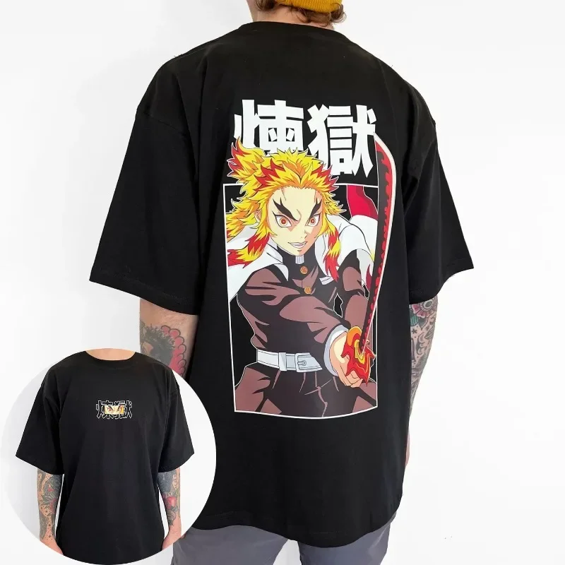 

Demon Slayer Anime Rengoku Kyoujurou Printed T-Shirt Summer New Men's American Trend Versatile Loose Casual Parent-Child Top