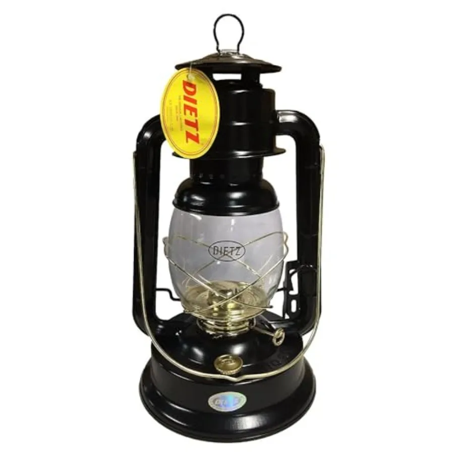 

Oil burning lantern for outdoor camping and emergency use, made of durable steel with black and gold finish, featuring adjustab