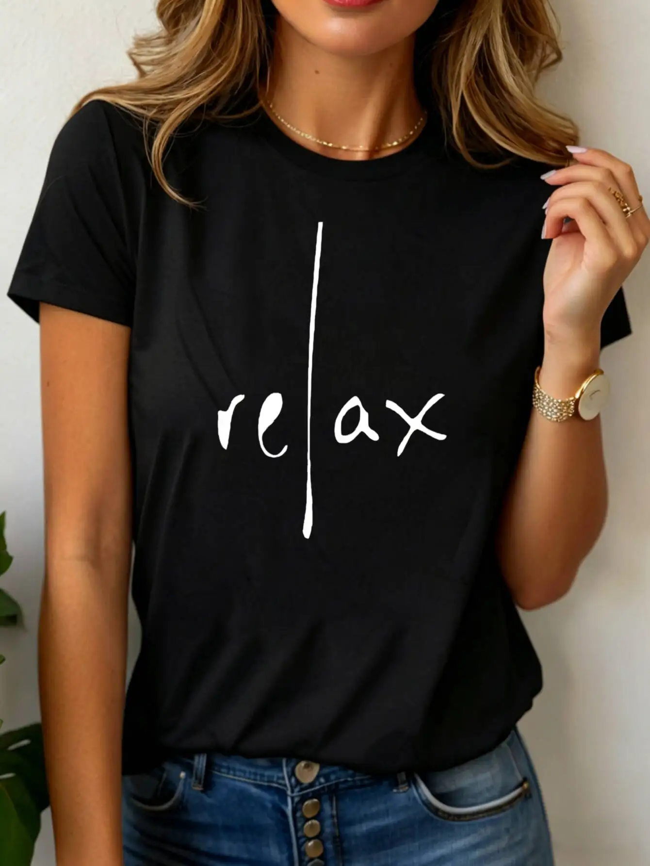 Casual Minimalist Women's T-Shirt Relax Letter Print Round Neck Short Sleeve For Daily And  Activities tops tee female tshirt
