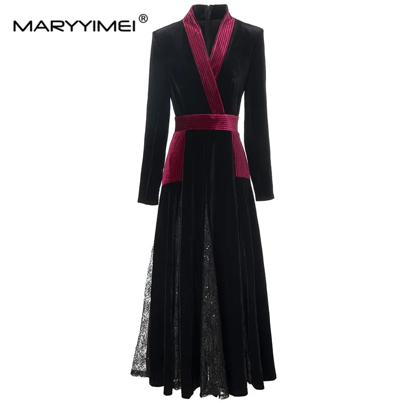 

MARYYIMEI New Fashion Runway Designer Women's V-Neck Long Sleeve Patchwork Lace Sequin Retro Style Velvet Closed Waist In Dress