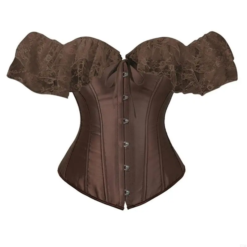 72xe รูปแบบภาษาฝรั่งเศส Waspie Victorian Lace Sleeves Crop Top Overbust Laceup Tied Corset