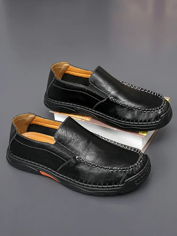 Sapato de couro para slip-on masculino, sola macia, antiderrapante, feito à mão, casual, trabalho, preguiçoso, novo, primavera, outono, tamanho grande, 2024