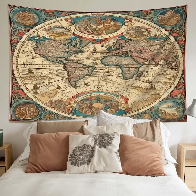 Vintage World Map Tapestry Wall Hanging Wall Art Home Decor Bedroom Dorm Wall Large Tapestry Anniversary Gifts