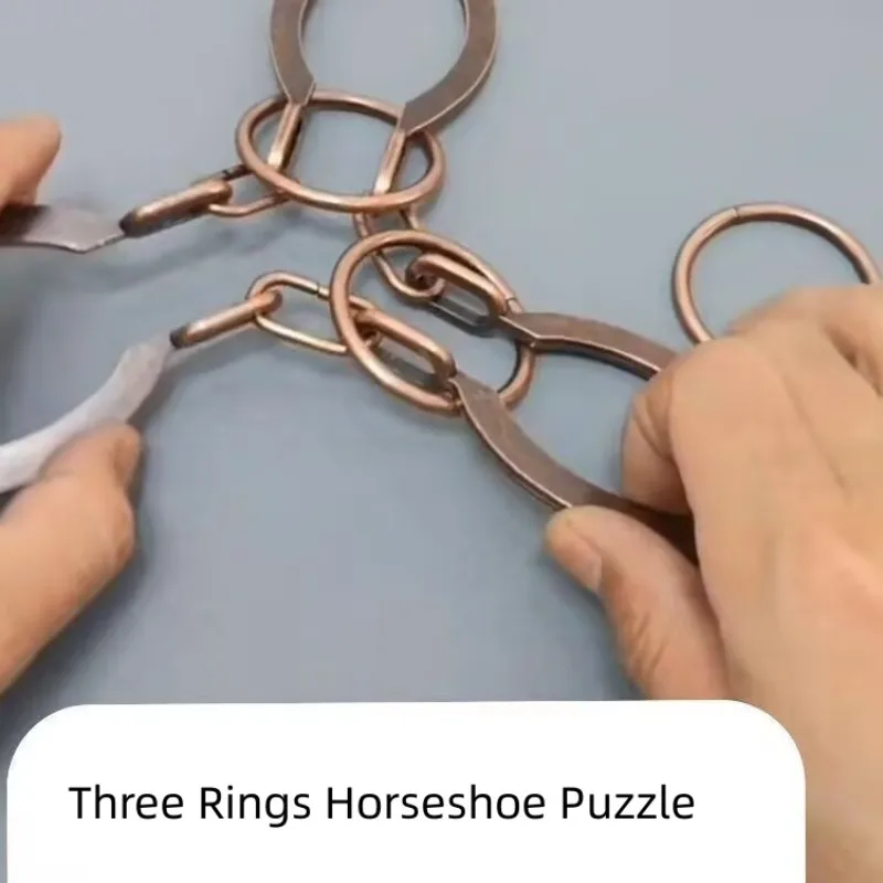 High Difficulty Level Bronze Color Three Rings Horseshoe Metal Brain Teasers Puzzle Game