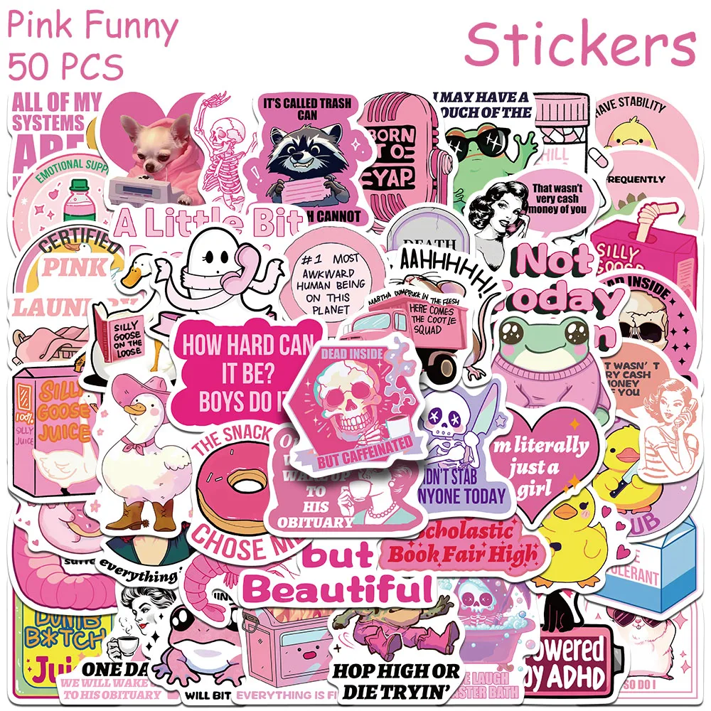 50pcs Cartoon Pink Funny Stickers Decals For Laptop Scrapbook Skateboard Helmet Suitcase DIY Aesthetic Waterproof Stickers