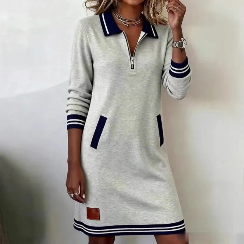 Elegant Women's Loose Fit Color Block Midi Dress with Lapel Collar High Waist Zipper Front Straight Pencil Silhouette for Woman