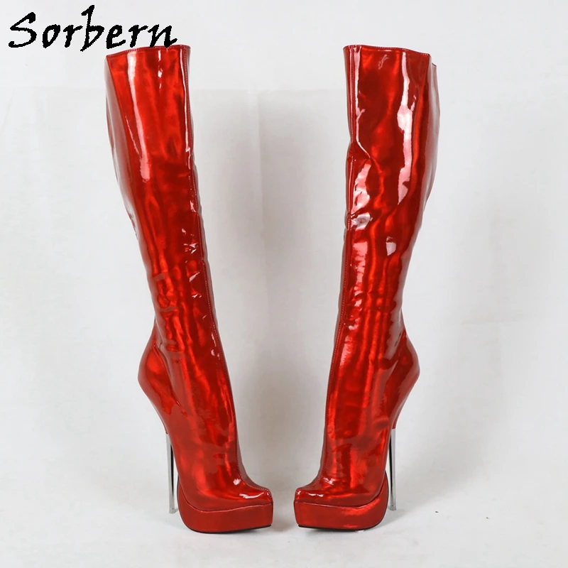 Sorbern Holo Red Ballet Boots Women Knee High Platform BDSM Shoes Hard Shaft Zip Up Inside Custom Pointed Toe Fetish Shoes