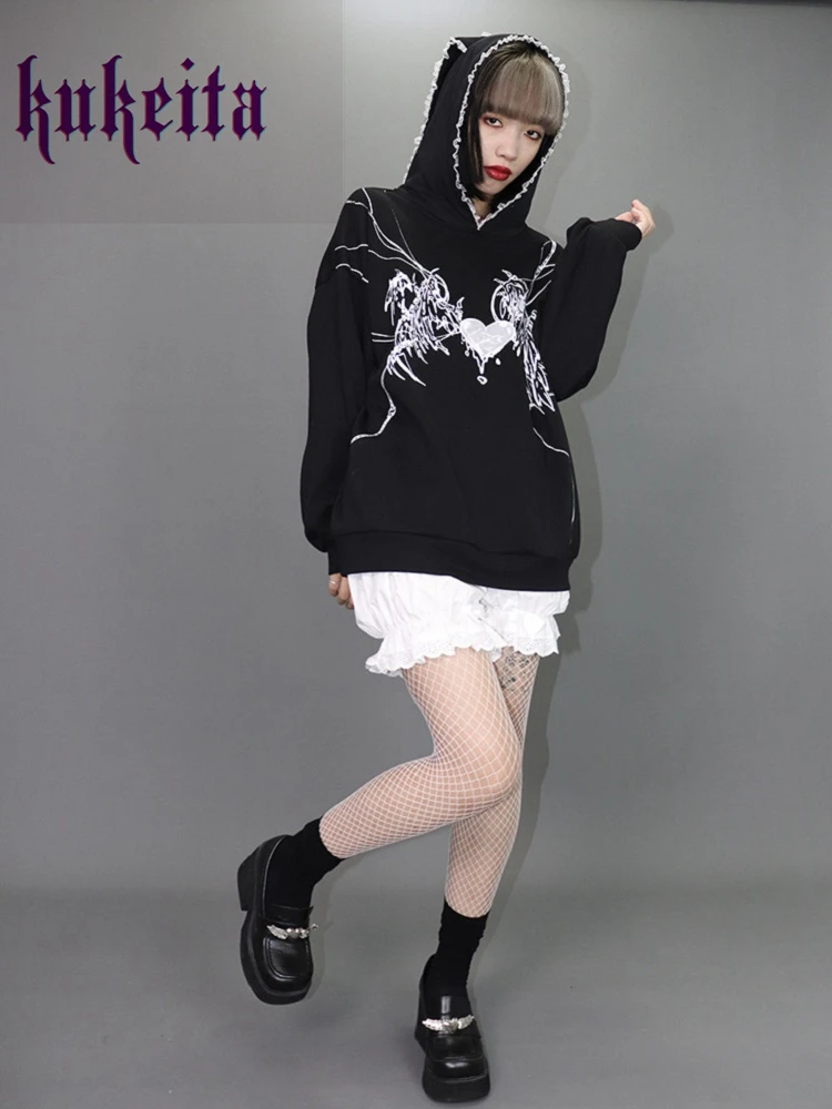 Harajuku Sweatshirt Gothic Lace Rabbit Ears Hoodies Y2k Aesthetic Women Black Punk Hoodies Spring Autumn Mujer Streetwear