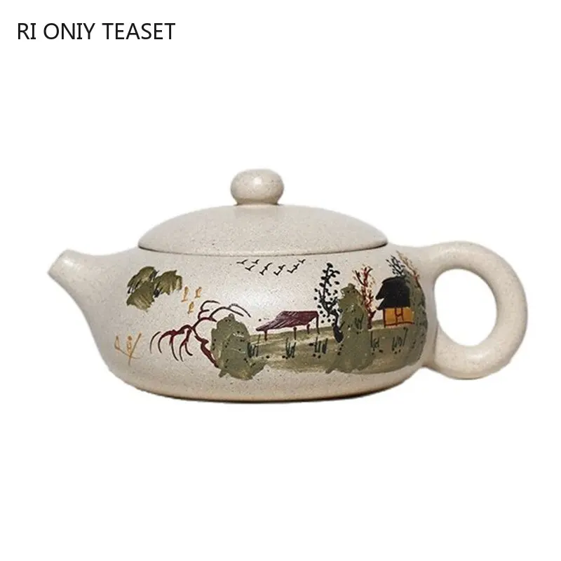 

150ml Chinese Yixing Purple Clay Teapot Hand Painted Flat Xishi Filter Tea Pot Raw Ore White Mud Tea Maker Zisha Teaware