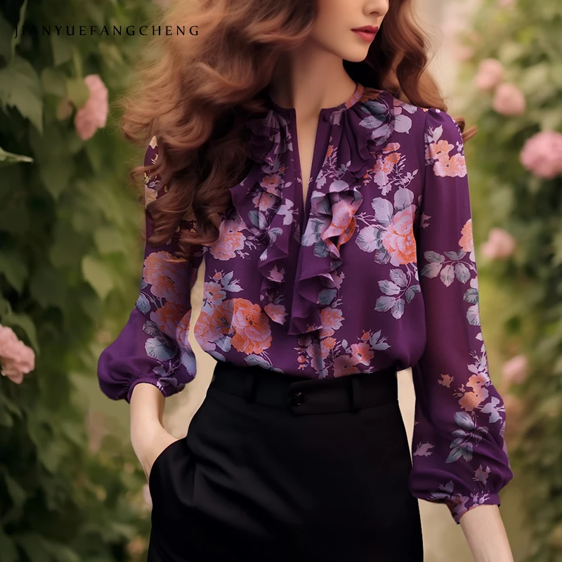 2024 Spring/Summer Purple Floral Blouse Chiffon Top Women\'s Ruffled Female Loose-fitting Shirt Unique Western Style Retro Shirts