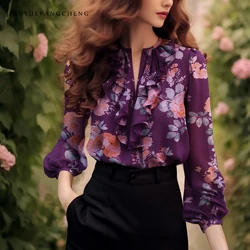 2024 Spring/Summer Purple Floral Blouse Chiffon Top Women's Ruffled Female Loose-fitting Shirt Unique Western Style Retro Shirts