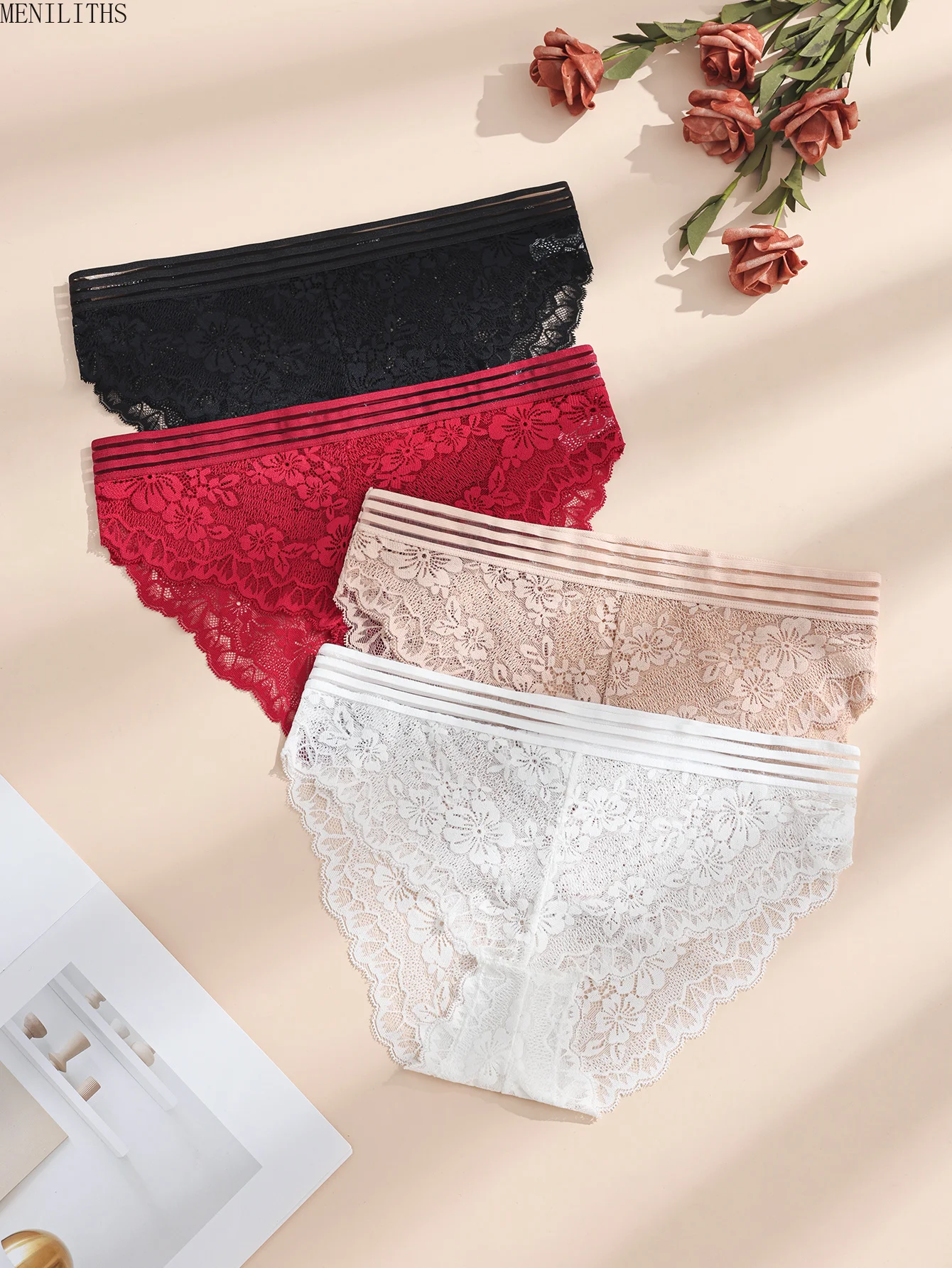 4Pcs/Set Sexy Lace Women's Panties Perspective Underwear Low Waist Panty Solid Underpants Floral Intimates Female Lingerie M-XL
