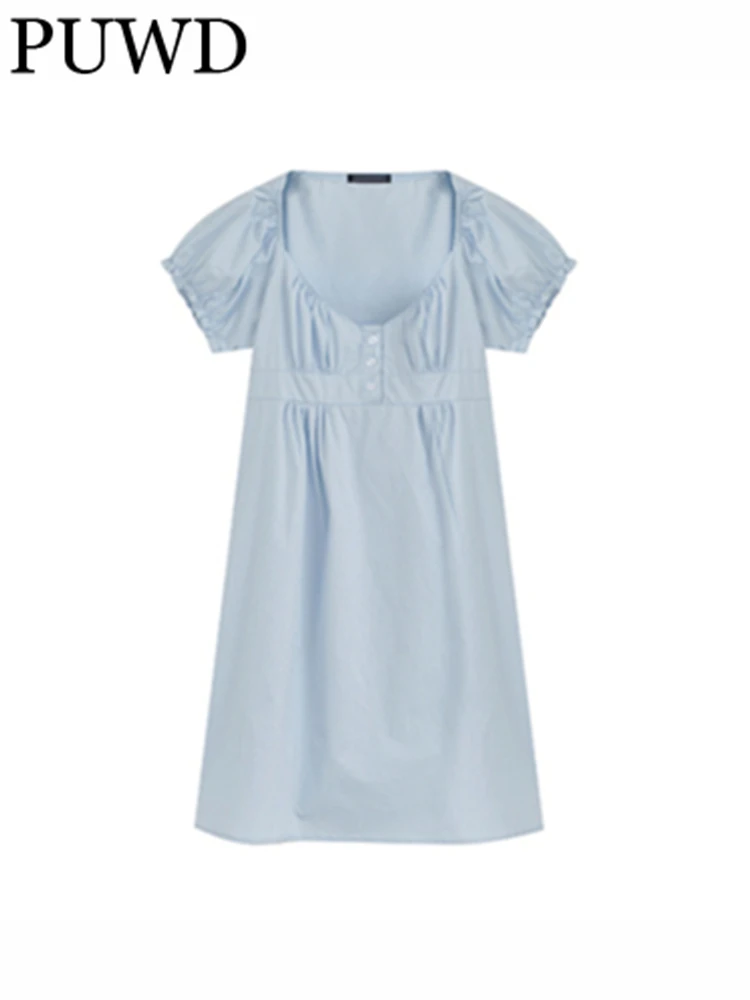 PUWD Casual Women Soft Cotton Blue Front Buttons Dress 2023 Summer Vintage V Neck Puff Short Sleeves Female Chic Bottoms