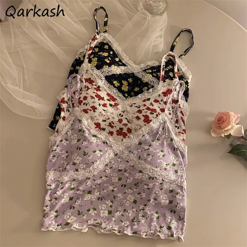 Camis Women Floral Backless Sweet Hot Style Korean Fashion Design Unique Lace All-match Sexy Crop Tops Slim Fit Summer Y2k Chic