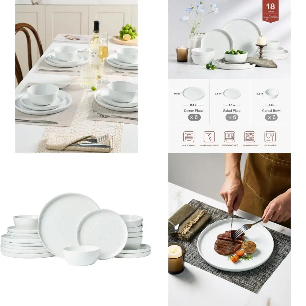 

18-Piece White Dinnerware Set, Plates and Bowls for 6