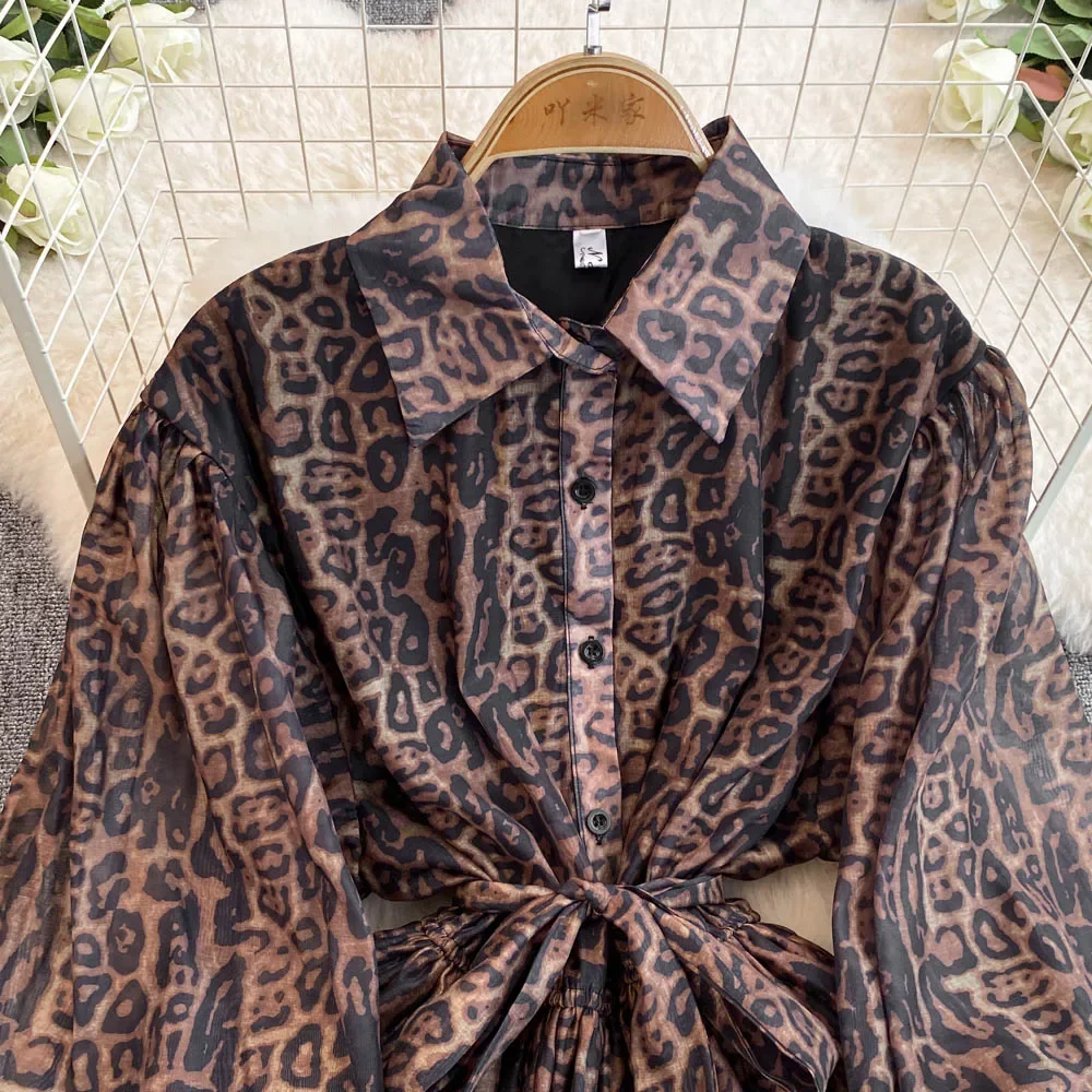 Abito con risvolto a maniche lunghe con lacci eleganti leopardati Vintage francesi a-line Casual moda donna autunno primavera abiti