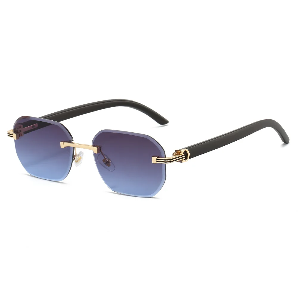 Hexagon Rimless Sunglasses Men Women Fashion Eyewear Wooden Texture Temple Simp…