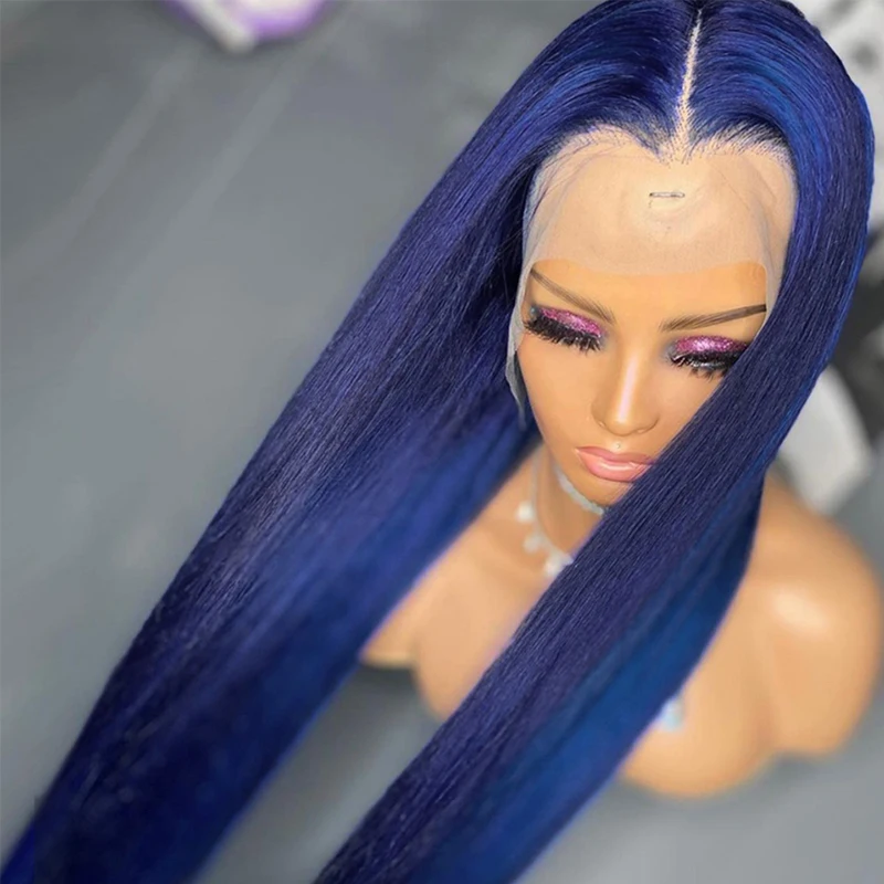 Dark Blue Preplucked Glueless 180Density Silky Straight 26Inch Long Lace Front Wig For Black Women With Baby Hair Daily Wear Wig