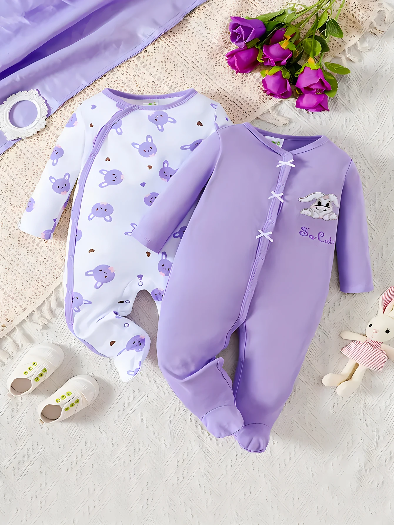 [2-piece set] Fall and winter baby girls foot onesie cartoon rabbit long-sleeved clothing crawl suit