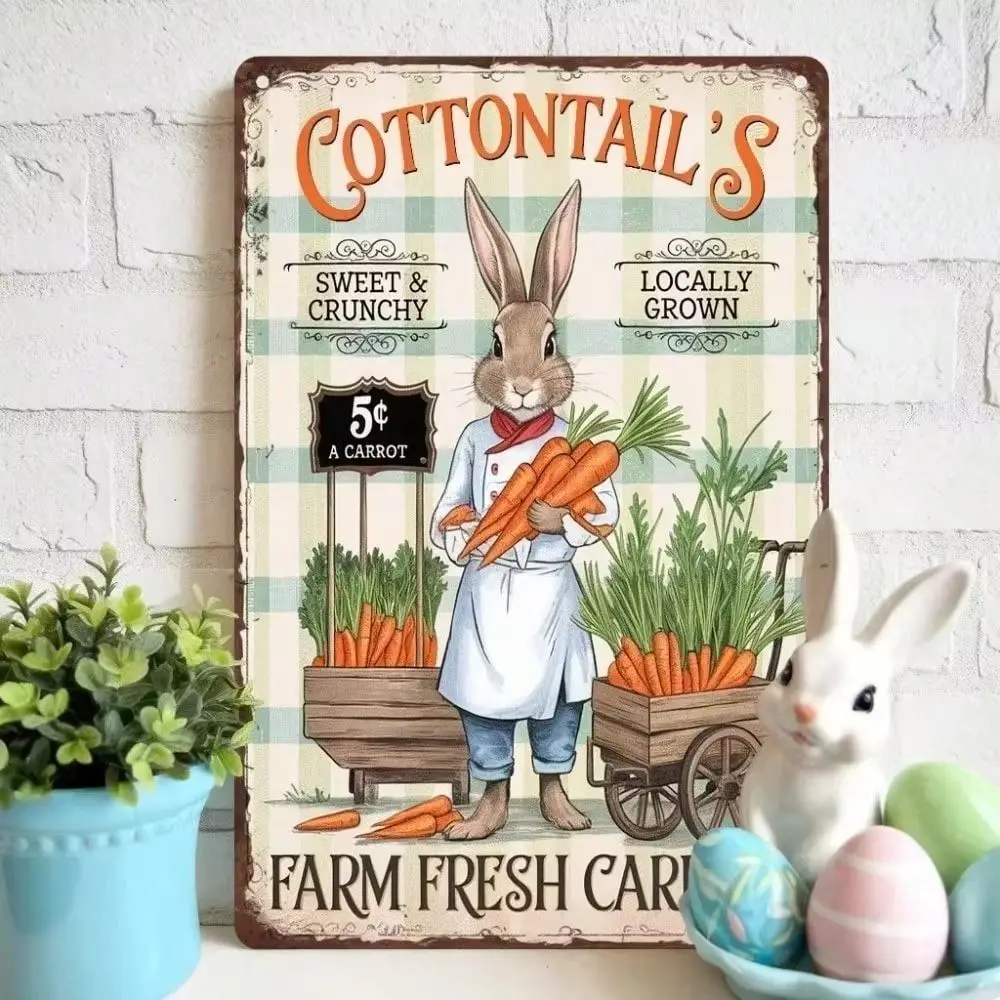 CIFBUY Funny Farm Vintage Metal Sign, Cottontail Rabbit Selling Carrots Decor, Rustic Barn Wall Art 20x30cm